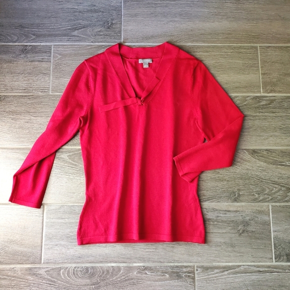 Ann Taylor Red Quarter Sleeve Tie Neck Top - Size XS - Picture 1 of 7